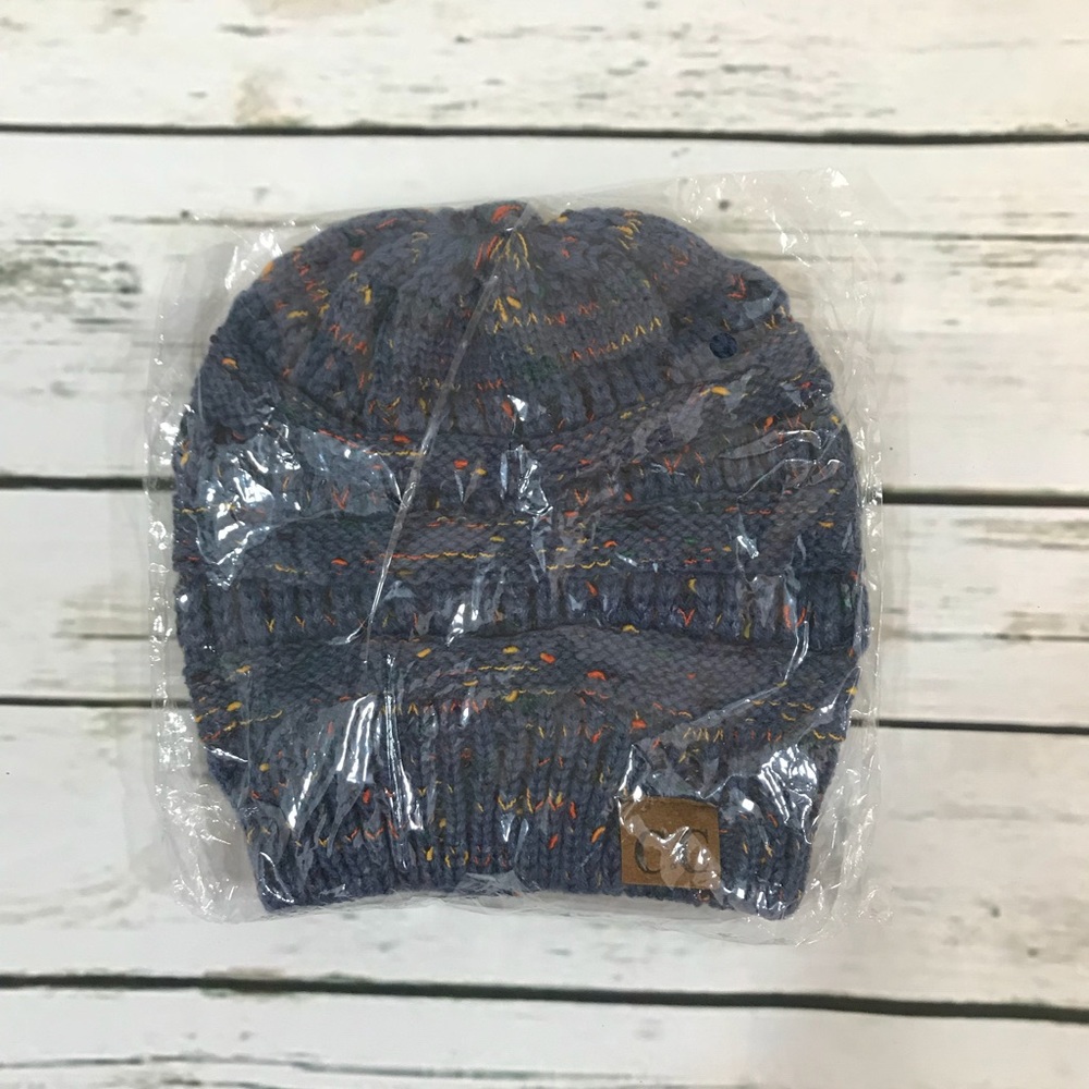 CC Soft Knit Speckled Dark Blue Ponytail Beanie - Picture 5 of 5
